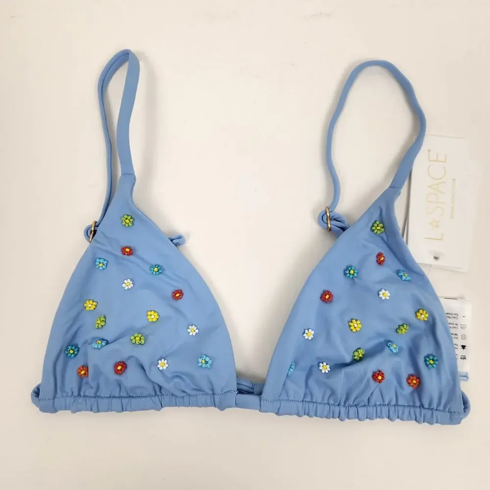L*Space Brittany Bikini Top Blue Beaded Daisy Small NWT Triangle